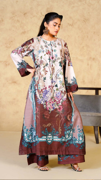 Woman wearing a floral dress with a neutral background