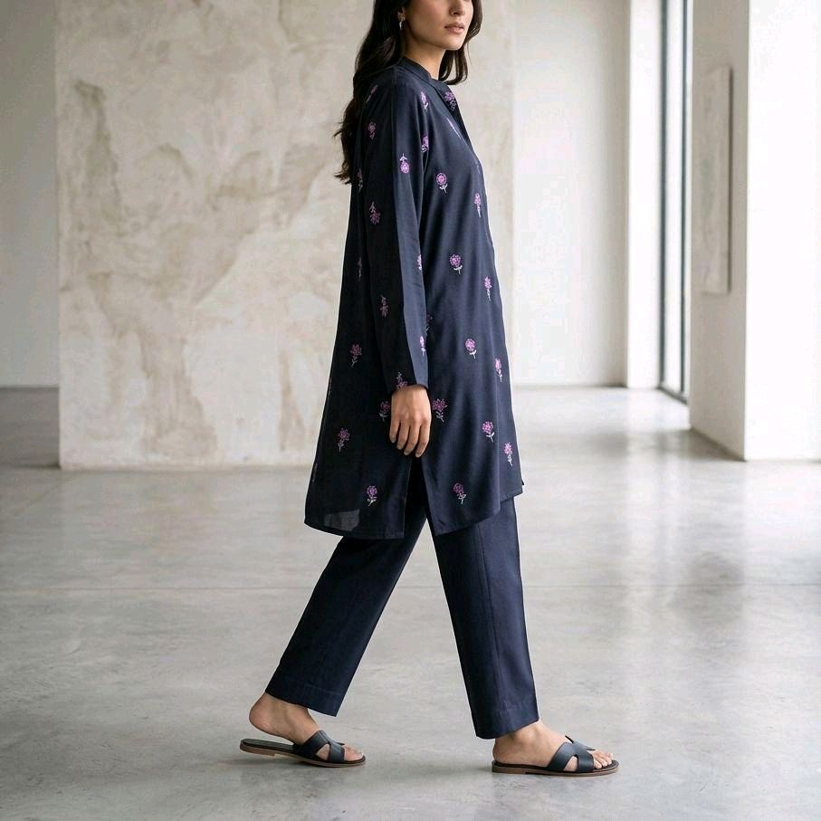 ENYA Embroidered Linen 2 Piece Co Ord Set Relaxed Fit Wide Leg Hipster Trouser