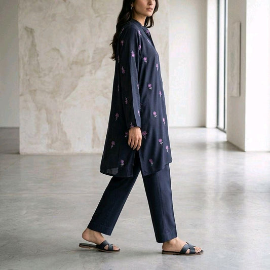 ENYA Embroidered Linen 2 Piece Co Ord Set Relaxed Fit Wide Leg Hipster Trouser