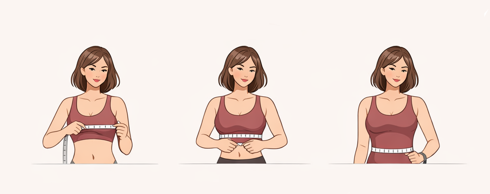 Illustration showing how to measure bust, waist, and hips with a woman in a red tank top.