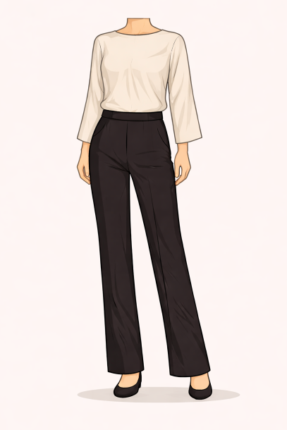 female wearing a beige blouse and black pants on a white background
